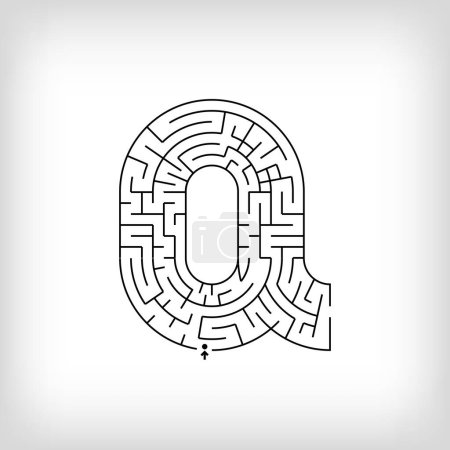 Unique linear letter Q maze puzzle. Confusing game and educational activity set.