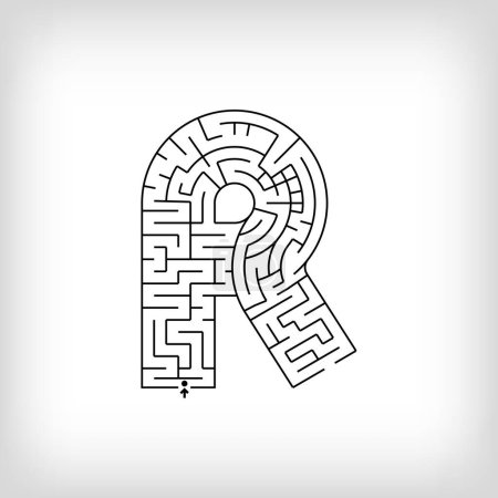 Unique linear letter R maze puzzle. Confusing game and educational activity set.
