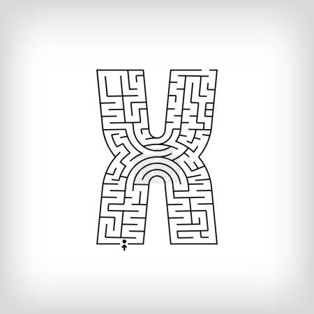 Unique linear letter X maze puzzle. Confusing game and educational activity set.