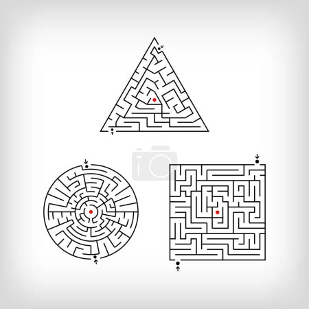 Illustration for Mixed triangle, square, round and two-entrance maze puzzle. Confusing game and educational activity set. - Royalty Free Image