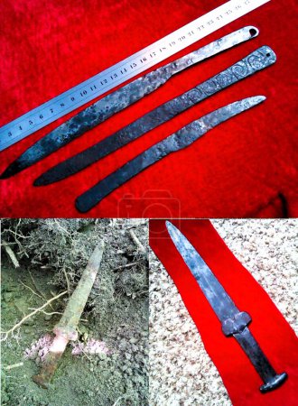 Foto de Antigua espada escita Daga Akinak, Akinak 5to - 3ro siglo antes de Cristo y un cuchillo escita con un ornamento - Imagen libre de derechos