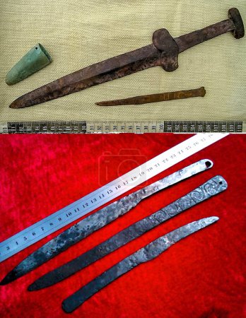 Photo for Ancient Scythian sword Dagger Akinak, Akinak 5th - 3rd century BC and a Scythian knife with an ornament - Royalty Free Image