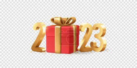Frohes neues Jahr 2023. Weihnachtsgrußkarte Design, rote Geschenkschachtel mit goldenen Zahlen und Konfetti, isoliert auf transparentem Hintergrund. Vektorillustration.