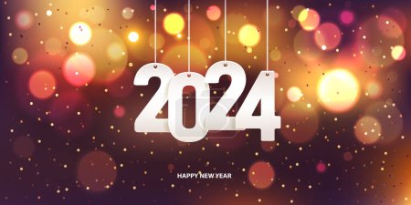 Téléchargez les photos : Bonne année 2024. Numéro de papier blanc suspendu avec confettis sur un fond flou coloré. - en image libre de droit
