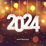 Happy new year 2024. Hanging white paper number with confetti on a colorful blurry background.