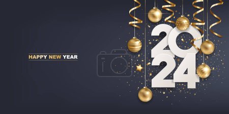Bonne année 2024. Numéros de papier blanc avec décoration de Noël dorée et confettis sur fond bleu foncé. Design de carte de voeux vacances.
