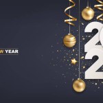 Happy new year 2024. White paper numbers with golden Christmas decoration and confetti on  dark blue background. Holiday greeting card design.