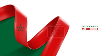 Illustration for Morocco ribbon flag, bent waving ribbon in colors of the Morocco national flag. National flag background. - Royalty Free Image
