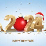 Happy New Year 2024. Golden 3D numbers with Santa hat, red Christmas ball and confetti on a light blue background.