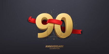 Téléchargez les illustrations : Fond de célébration du 90e anniversaire. 3D nombre d'or enveloppé avec ruban rouge et confettis, isolé sur fond sombre. - en licence libre de droit