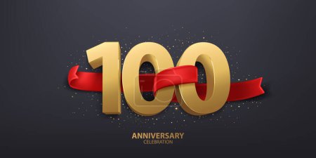 Téléchargez les illustrations : 100e anniversaire fond de célébration. 3D nombre d'or enveloppé avec ruban rouge et confettis, isolé sur fond sombre. - en licence libre de droit