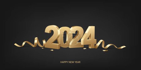 Frohes neues Jahr 2024. Goldene 3D-Zahlen mit Schleifen und Konfetti auf schwarzem Hintergrund.