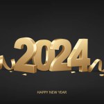 Happy New Year 2024. Golden 3D numbers with ribbons and confetti on a black background.