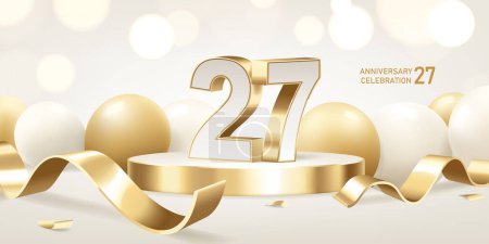 Illustration for 27th Anniversary celebration background. Golden 3D numbers on round podium with golden ribbons and balloons with bokeh lights in background. - Royalty Free Image