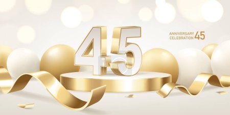 Téléchargez les illustrations : Fond de célébration du 45e anniversaire. Numéros 3D dorés sur podium rond avec rubans dorés et ballons avec lumières bokeh en arrière-plan. - en licence libre de droit