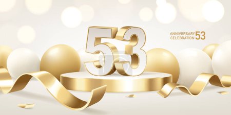 Illustration for 53rd Anniversary celebration background. Golden 3D numbers on round podium with golden ribbons and balloons with bokeh lights in background. - Royalty Free Image