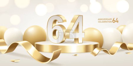 Téléchargez les illustrations : 64e anniversaire fond de célébration. Numéros 3D dorés sur podium rond avec rubans dorés et ballons avec lumières bokeh en arrière-plan. - en licence libre de droit