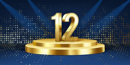 12th Year anniversary celebration background. Golden 3D numbers on a golden round podium, with lights in background.