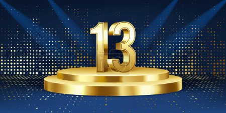 13th Year anniversary celebration background. Golden 3D numbers on a golden round podium, with lights in background.