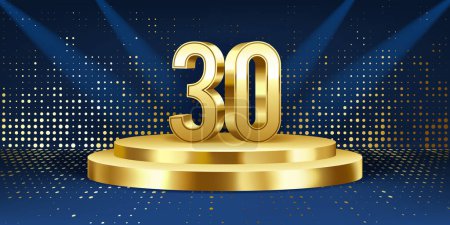 30th Year anniversary celebration background. Golden 3D numbers on a golden round podium, with lights in background.