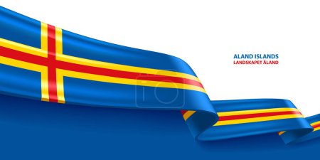 Aland Islands 3D Ribbon Flagge. Verbeugt schwenkt die 3D-Flagge in den Farben der Flagge der Aland-Inseln. 3D Flag Hintergrunddesign.