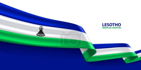 Lesotho 3D ribbon flag. Bent waving 3D flag in colors of the Kingdom of Lesotho national flag. National flag background design.