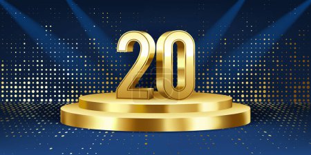 20th Year anniversary celebration background. Golden 3D numbers on a golden round podium, with lights in background.