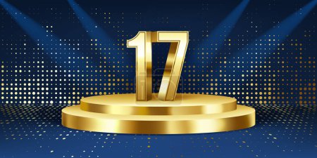 17th Year anniversary celebration background. Golden 3D numbers on a golden round podium, with lights in background.