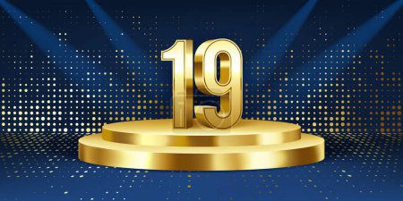Fondo de celebración del 19º aniversario. Números 3D dorados en un podio redondo dorado, con luces en el fondo.