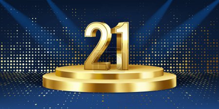 21st Year anniversary celebration background. Golden 3D numbers on a golden round podium, with lights in background.