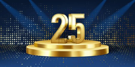 25th Year anniversary celebration background. Golden 3D numbers on a golden round podium, with lights in background.
