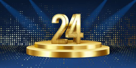 24th Year anniversary celebration background. Golden 3D numbers on a golden round podium, with lights in background.
