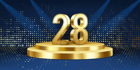 28th Year anniversary celebration background. Golden 3D numbers on a golden round podium, with lights in background.