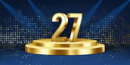 Illustration for 27th Year anniversary celebration background. Golden 3D numbers on a golden round podium, with lights in background. - Royalty Free Image