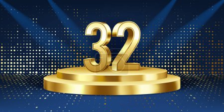 Fondo de celebración del 32º aniversario. Números 3D dorados en un podio redondo dorado, con luces en el fondo.