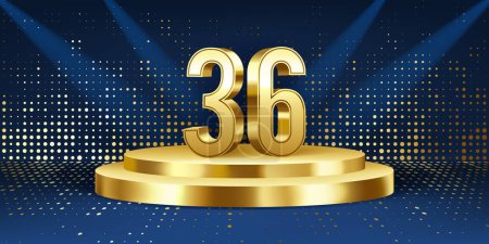 Fond de célébration du 36e anniversaire. Numéros 3D dorés sur un podium rond doré, avec des lumières en arrière-plan.