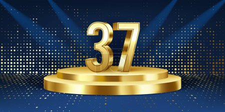37th Year anniversary celebration background. Golden 3D numbers on a golden round podium, with lights in background.