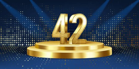 Illustration for 42nd Year anniversary celebration background. Golden 3D numbers on a golden round podium, with lights in background. - Royalty Free Image