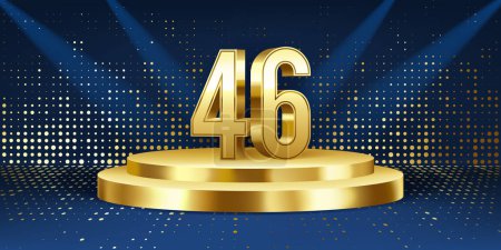 Hintergrund der Feierlichkeiten zum 46. Jahrestag. Goldene 3D-Zahlen auf einem goldenen runden Podium, mit Lichtern im Hintergrund.