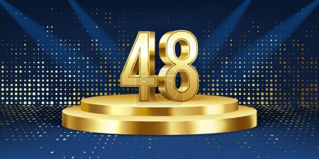48th Year anniversary celebration background. Golden 3D numbers on a golden round podium, with lights in background.