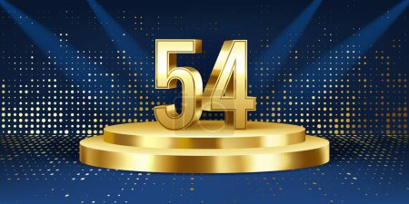 Hintergrund sind die Feierlichkeiten zum 54. Jahrestag. Goldene 3D-Zahlen auf einem goldenen runden Podium, mit Lichtern im Hintergrund.