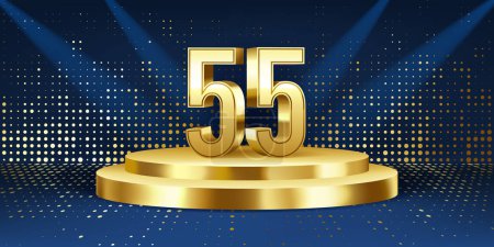 Hintergrund sind die Feierlichkeiten zum 55-jährigen Bestehen. Goldene 3D-Zahlen auf einem goldenen runden Podium, mit Lichtern im Hintergrund.