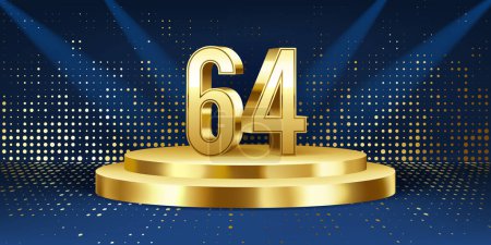 Hintergrund sind die Feierlichkeiten zum 64. Jahrestag. Goldene 3D-Zahlen auf einem goldenen runden Podium, mit Lichtern im Hintergrund.