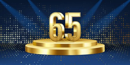 Hintergrund sind die Feierlichkeiten zum 65. Jahrestag. Goldene 3D-Zahlen auf einem goldenen runden Podium, mit Lichtern im Hintergrund.