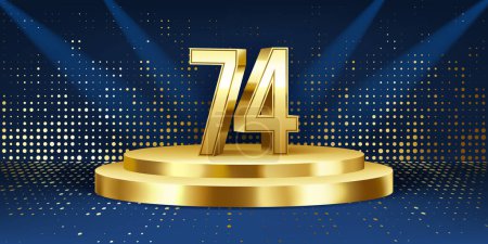 Hintergrund der Feierlichkeiten zum 74. Jahrestag. Goldene 3D-Zahlen auf einem goldenen runden Podium, mit Lichtern im Hintergrund.