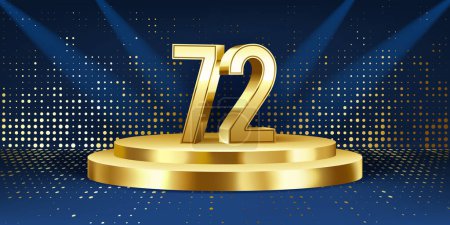 Hintergrund der Feierlichkeiten zum 72. Jahrestag. Goldene 3D-Zahlen auf einem goldenen runden Podium, mit Lichtern im Hintergrund.