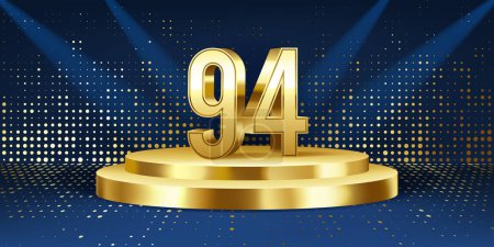 Hintergrund sind die Feierlichkeiten zum 94. Jahrestag. Goldene 3D-Zahlen auf einem goldenen runden Podium, mit Lichtern im Hintergrund.