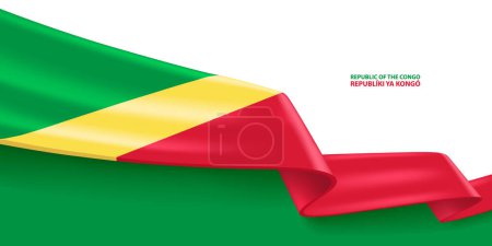 Ilustración de República del Congo Bandera de cinta 3D. Inclinado ondeando bandera 3D en colores de la bandera nacional de la República del Congo. Diseño de fondo de bandera nacional. - Imagen libre de derechos