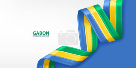 Gabun 3D Farbbandfahne. Gebückte schwenken 3D-Flagge in den Farben der gabunischen Nationalflagge. Hintergrund-Design der Nationalflagge.