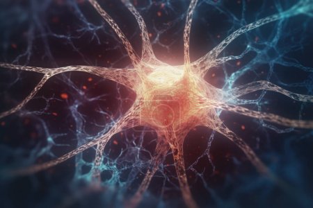 Imagen conceptual neuronal del sistema nervioso humano. Ilustración 3D de neuronas con colores vivos.